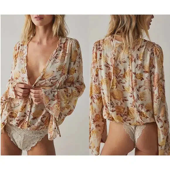Intimately Free People Everything’s Rosy Bodysuit Size Small Yellow Floral - Picture 2 of 15